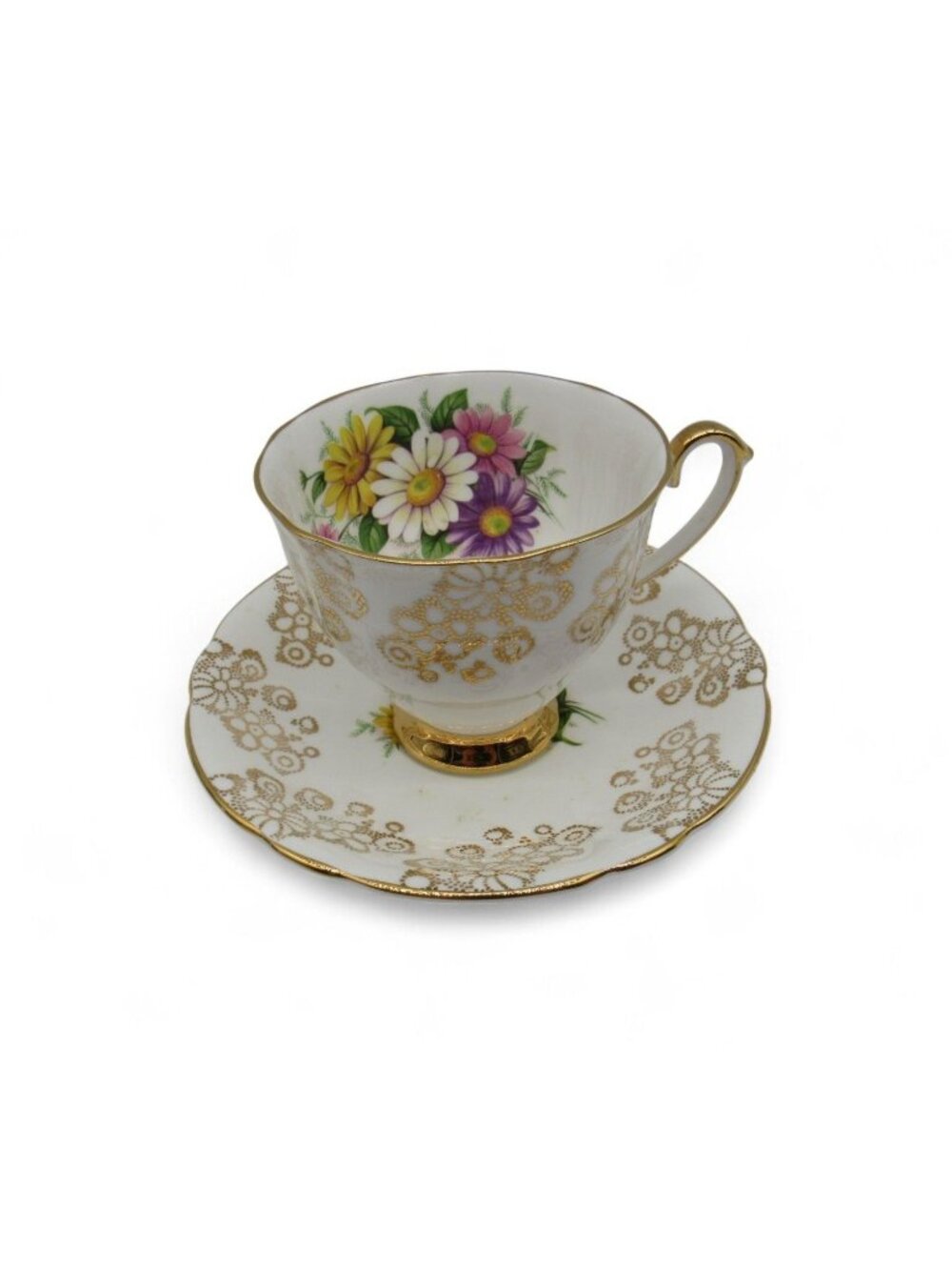 Vintage Windsor Bone China Footed Teacup Saucer Gold Floral England